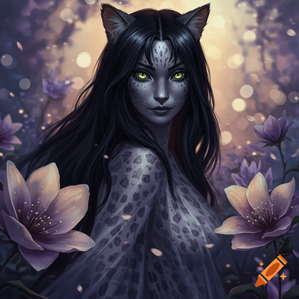 A fantasy portrait of a woman with cat ears, dark hair, leopard spots, and glowing green eyes, among purple flowers.