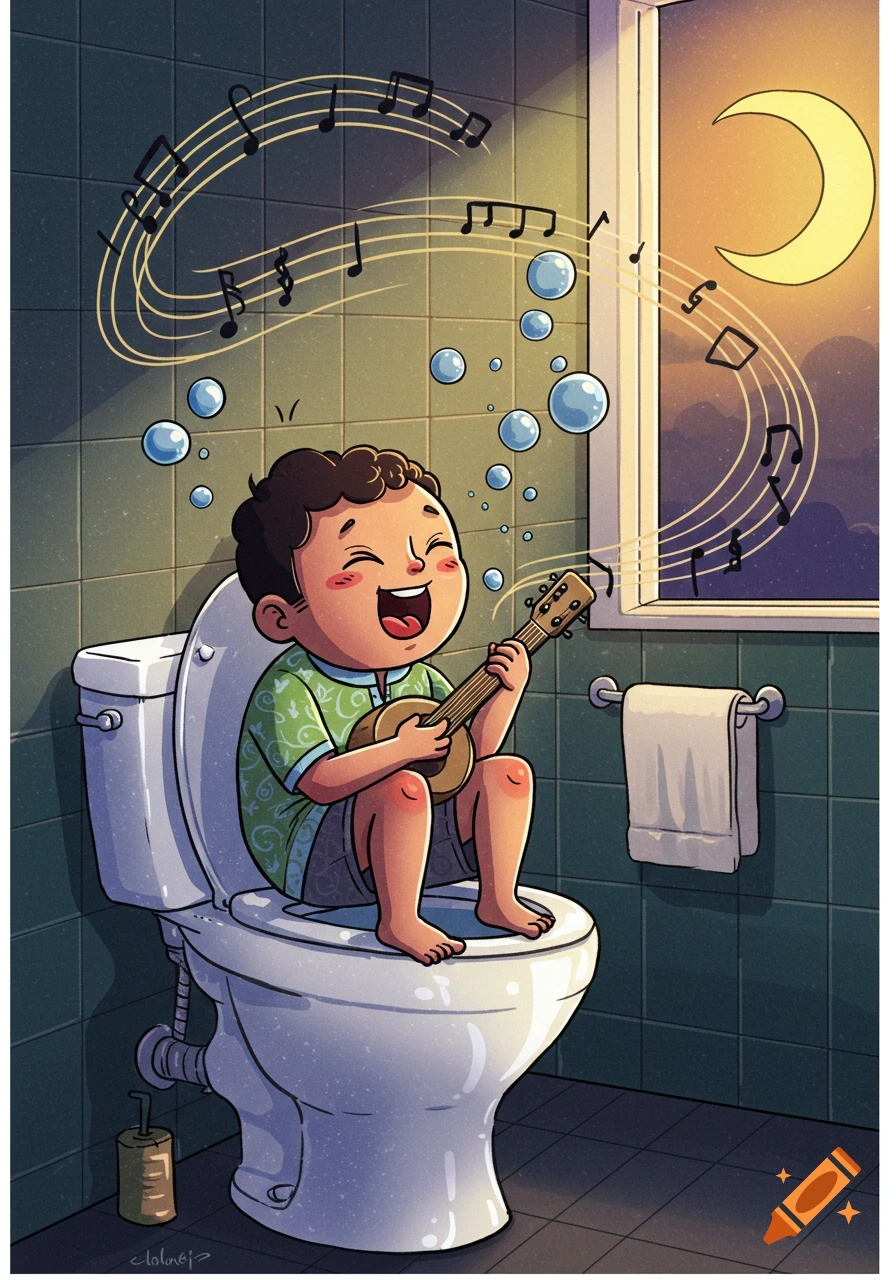A joyful cartoon child sits on a toilet, playing a ukulele as musical notes and bubbles float around in a bathroom at night.