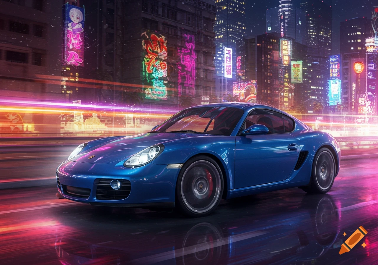 A cobalt blue Porsche Cayman glides through a vibrant, neon-lit city at night, with motion blur effects.