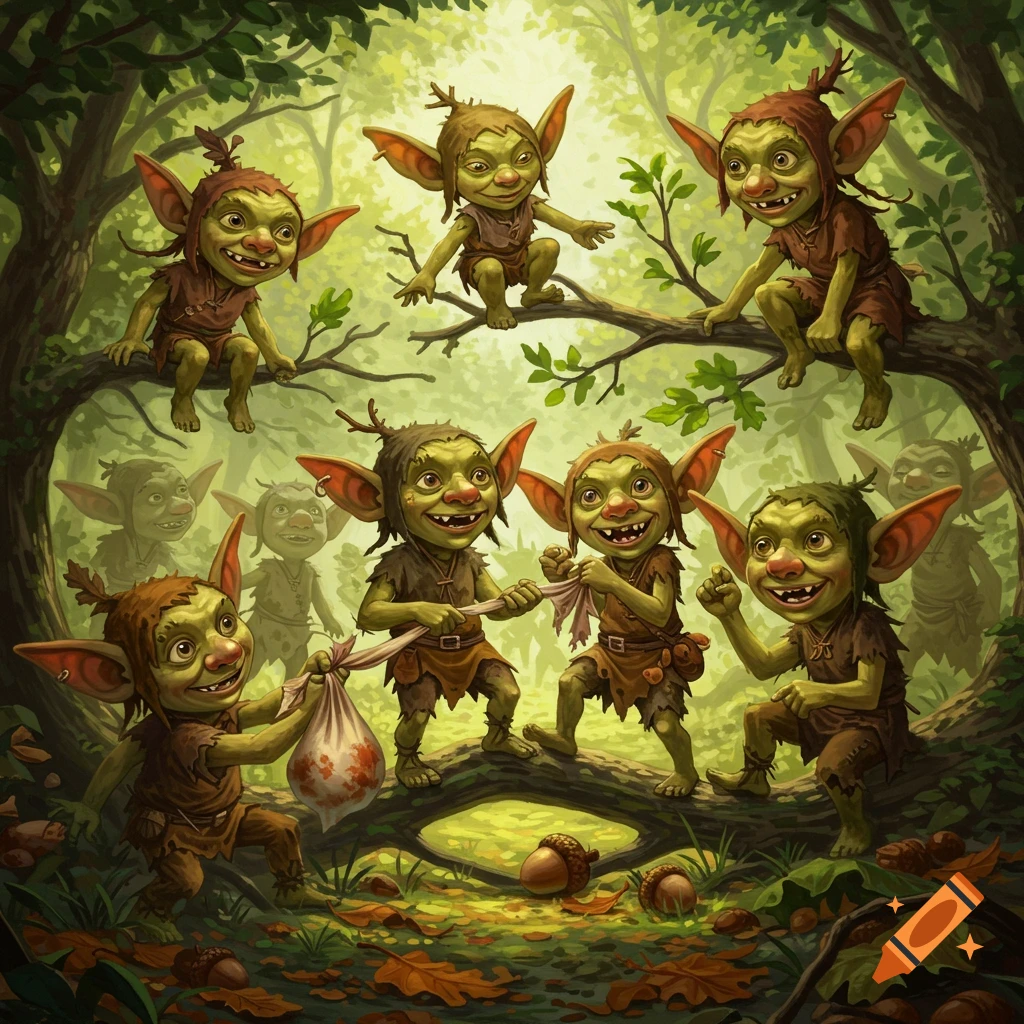 A group of green-skinned, pointy-eared goblins with mischievous grins, wearing ragged clothes, play and interact in a vibrant, sunlit forest.