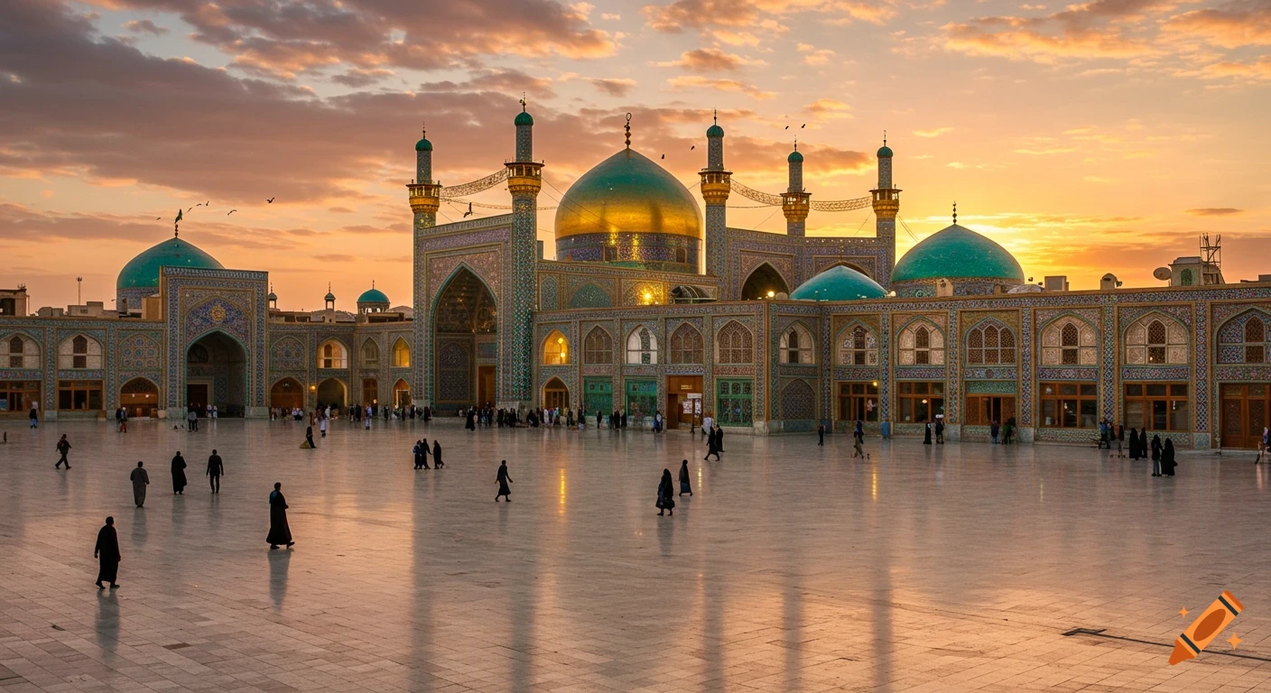 A large, ornate mosque with golden and turquoise domes and minarets under a vibrant orange and pink sunset, with people in the courtyard.