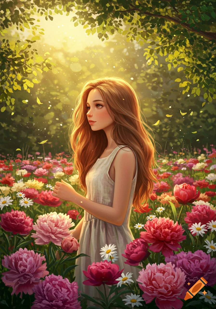Illustrative portrait of a girl with long hair in a vibrant field of pink and red flowers, bathed in sunlight.