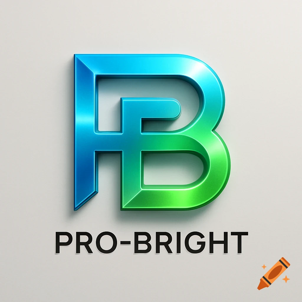 Sleek 3D metallic logo with blue-green gradient letters 'FB' and text 'PRO-BRIGHT' below on a light background.
