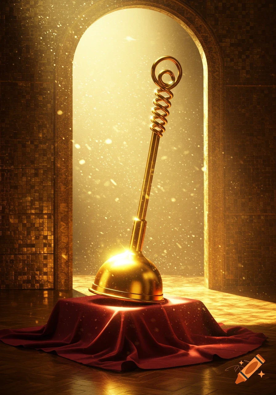 A luxurious golden plunger stands on a red velvet cloth under a glowing archway in a grand hall.