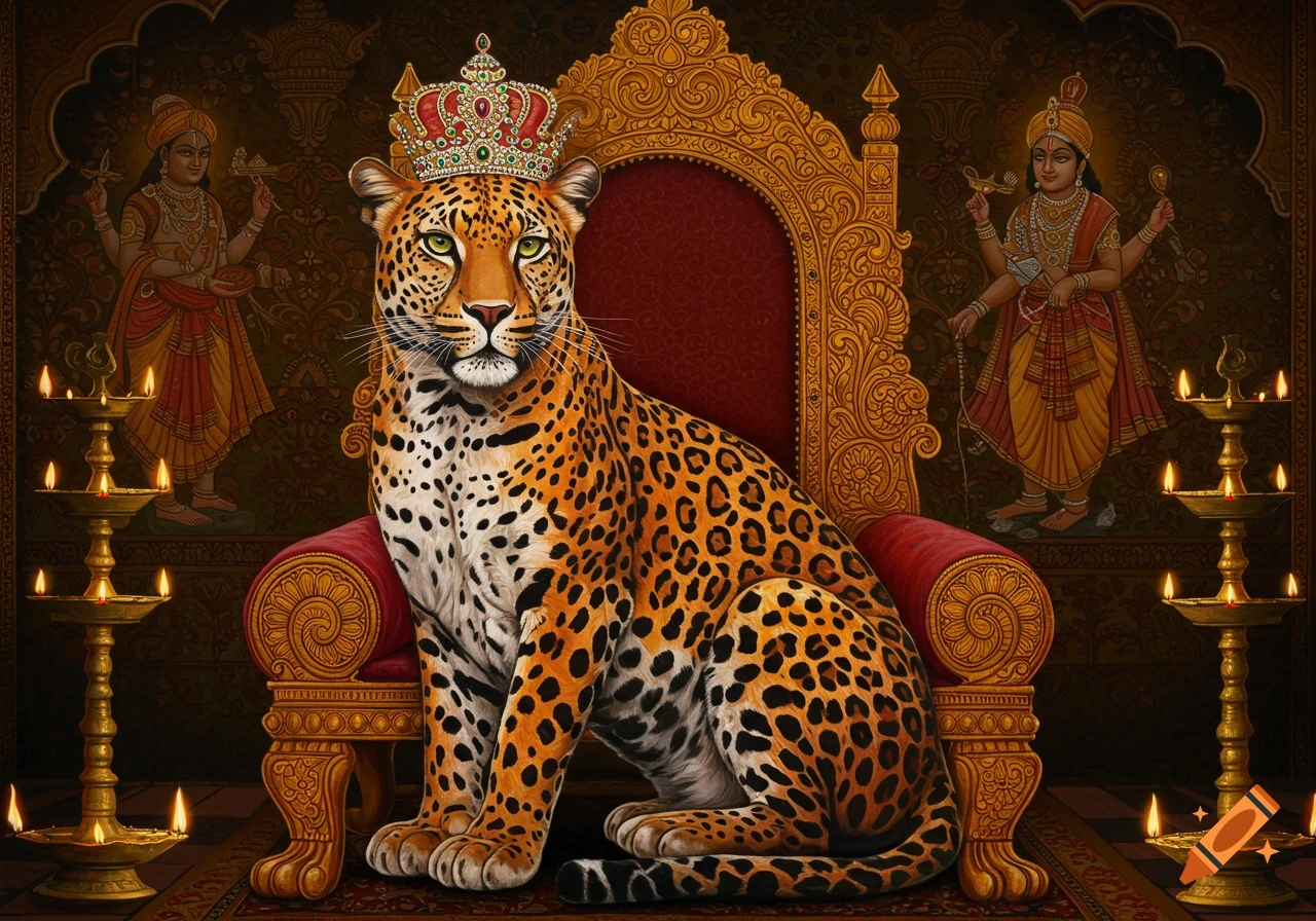 A crowned leopard sits regally on an ornate golden throne, flanked by traditional Indian art figures and oil lamps, in the style of old Indian folk art.