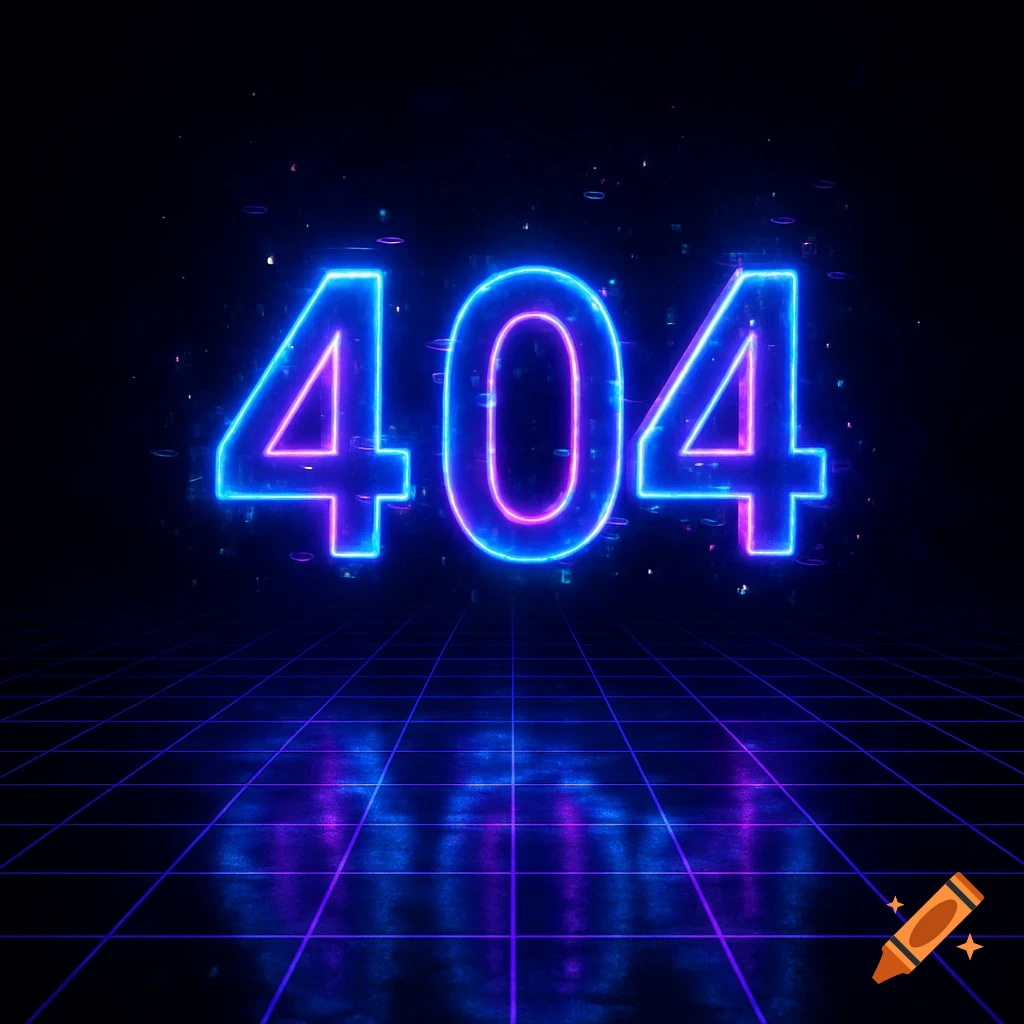 Glowing neon '404' above a dark retro grid floor with blue and purple light and pixel sparks, cyberpunk style.
