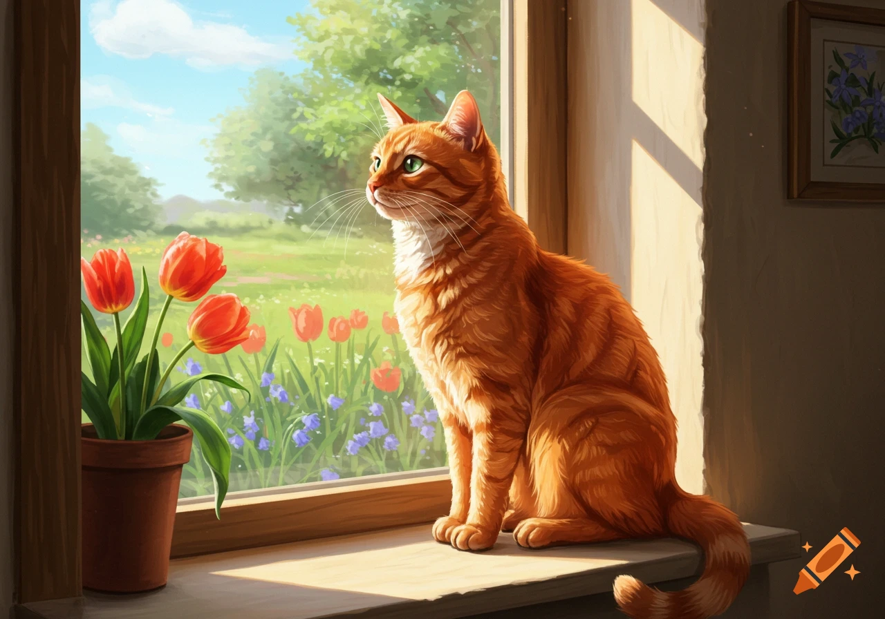 Orange tabby cat on a sunlit windowsill, gazing at a spring garden with red tulips and blue flowers, illustrated style.