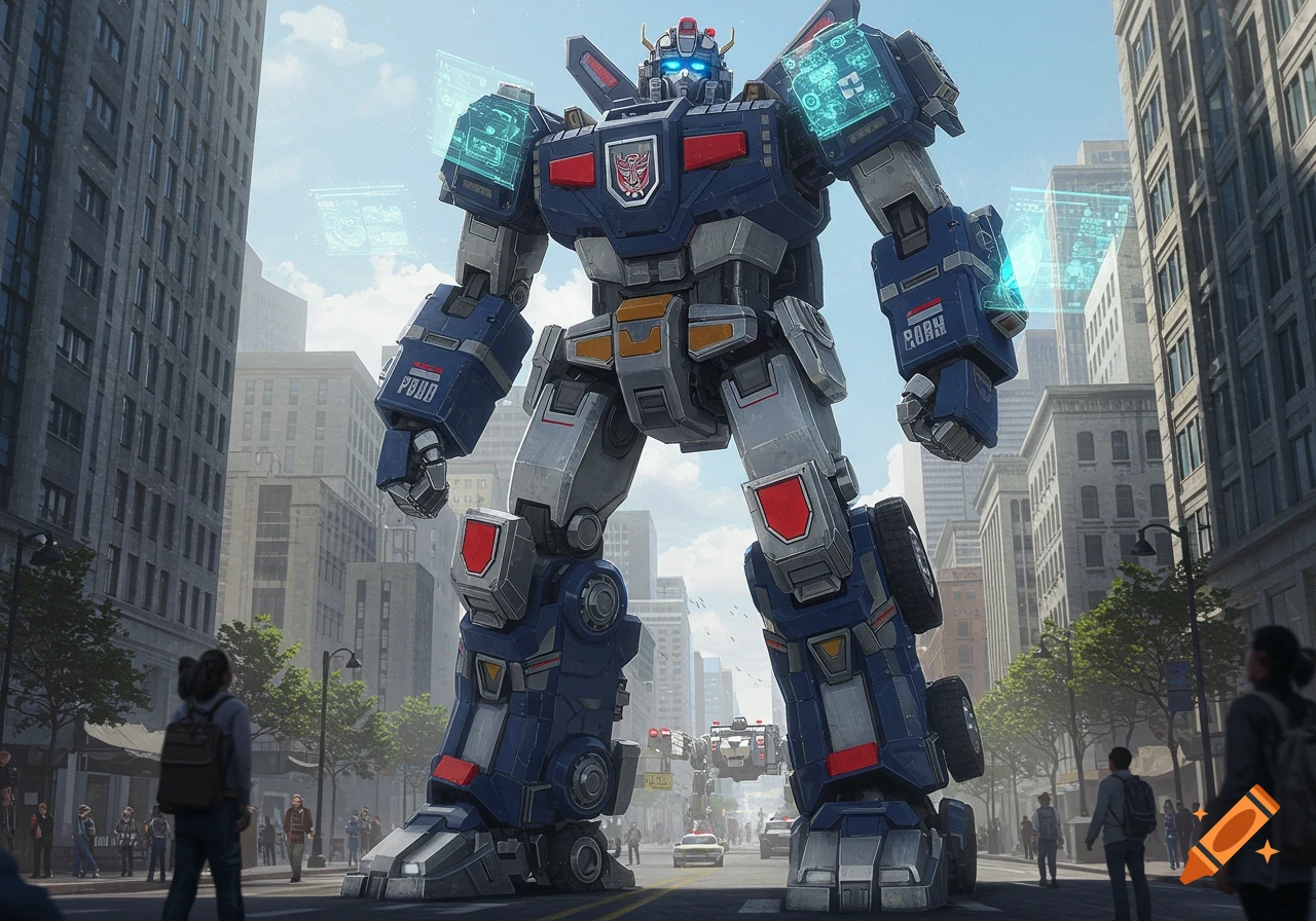 A giant blue and gray police robot, resembling a Transformer, stands in the middle of a city street with people looking on.
