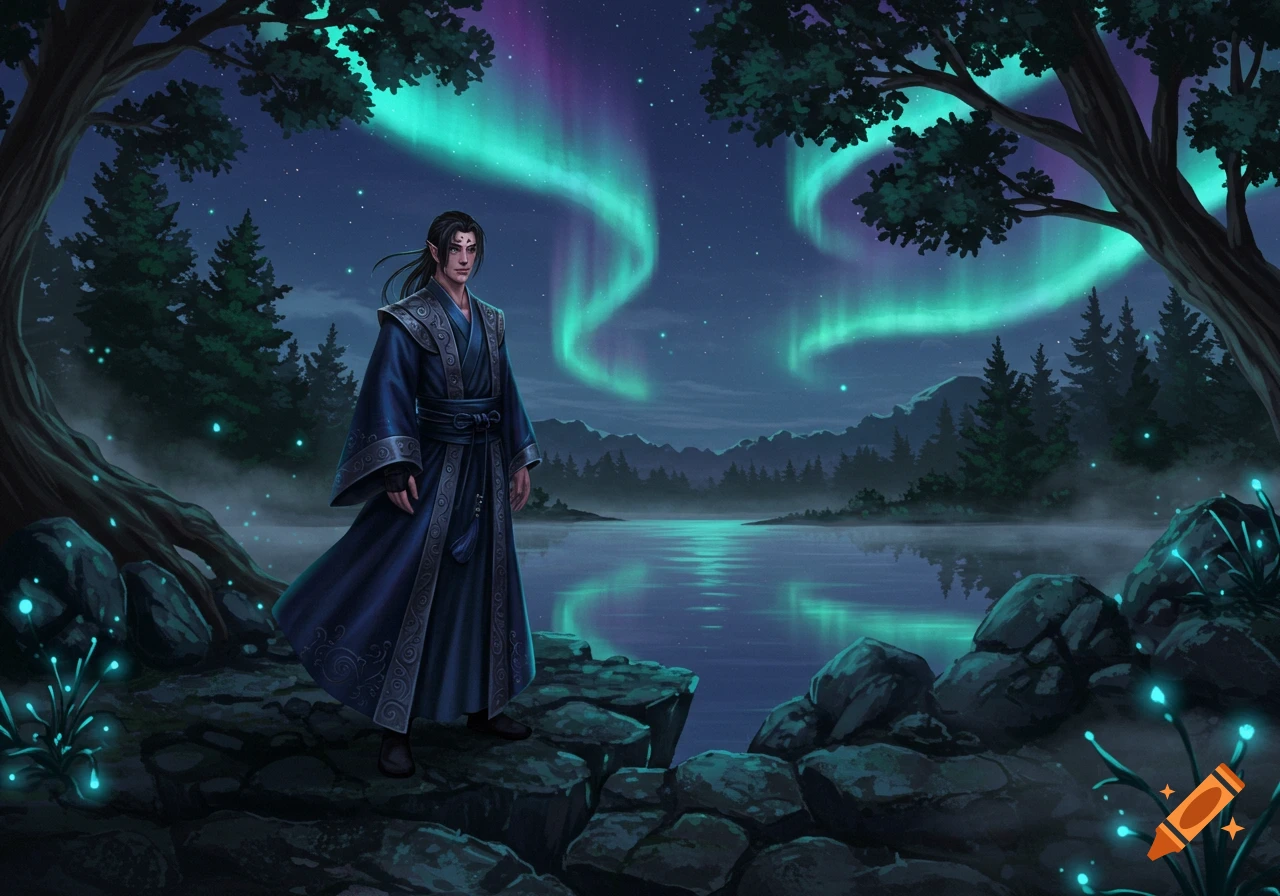An elven man in a blue robe stands on rocks by a misty lake under a vibrant aurora borealis and starry sky. Digital art.
