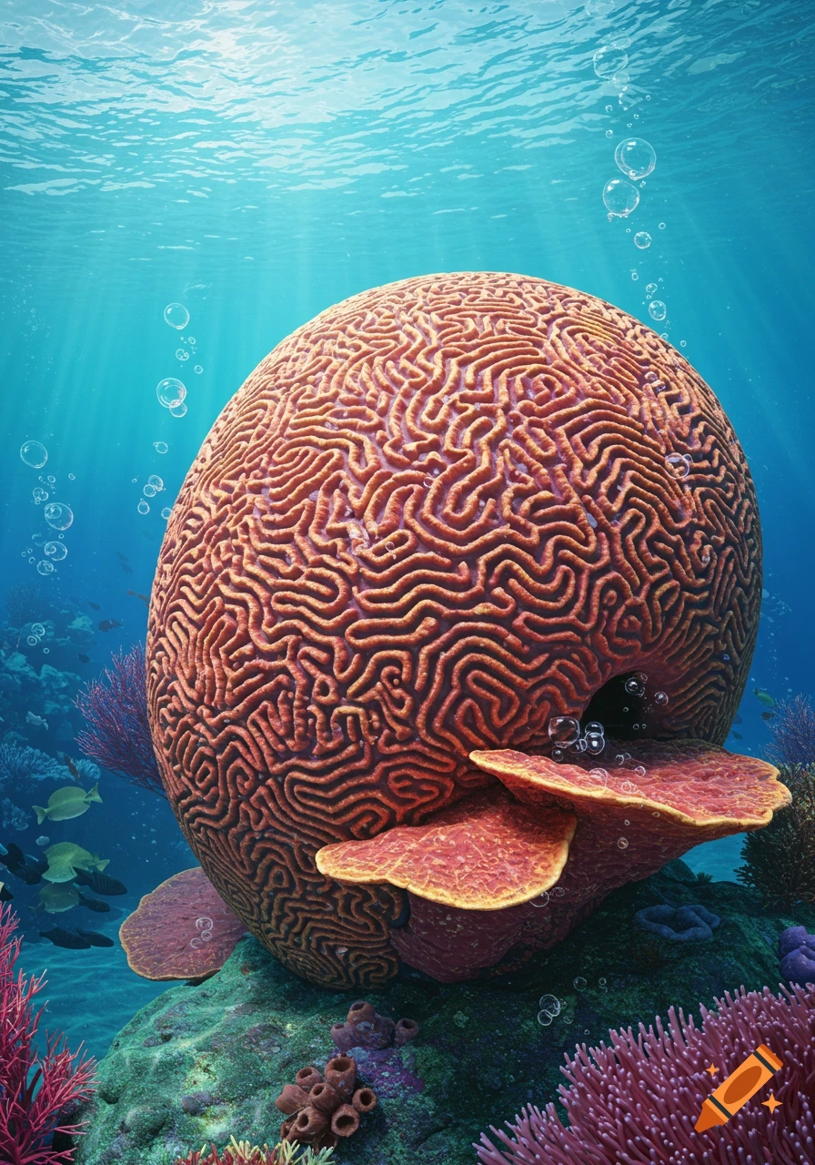 A large, textured brain coral surrounded by colorful coral reefs, fish, and bubbles in a sunlit blue ocean.