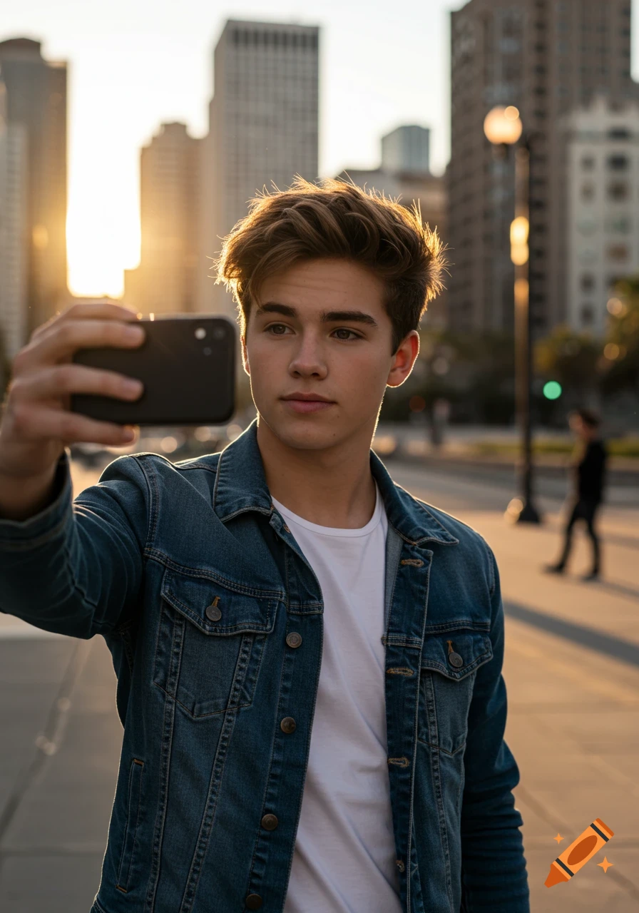 A handsome teenage man takes a selfie with a smartphone in a city during golden hour.