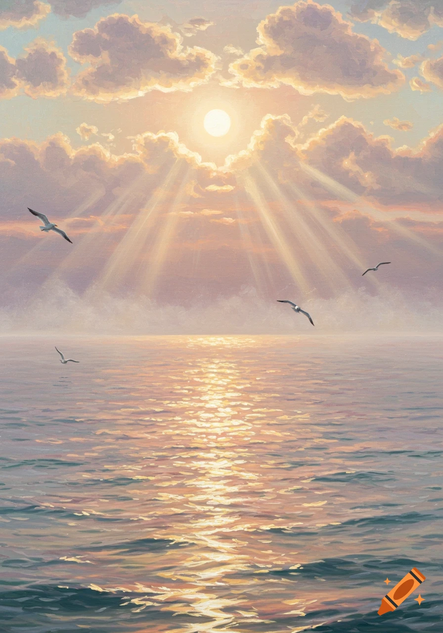 A serene painting of a sunset over the ocean, with a bright sun, radiating light rays through soft clouds, and seagulls flying.