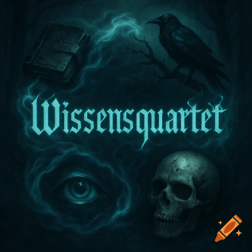 A dark, mystical illustration featuring the glowing text 'Wissensquartet' surrounded by a raven, a book, an eye, and a skull in ethereal blue mist.