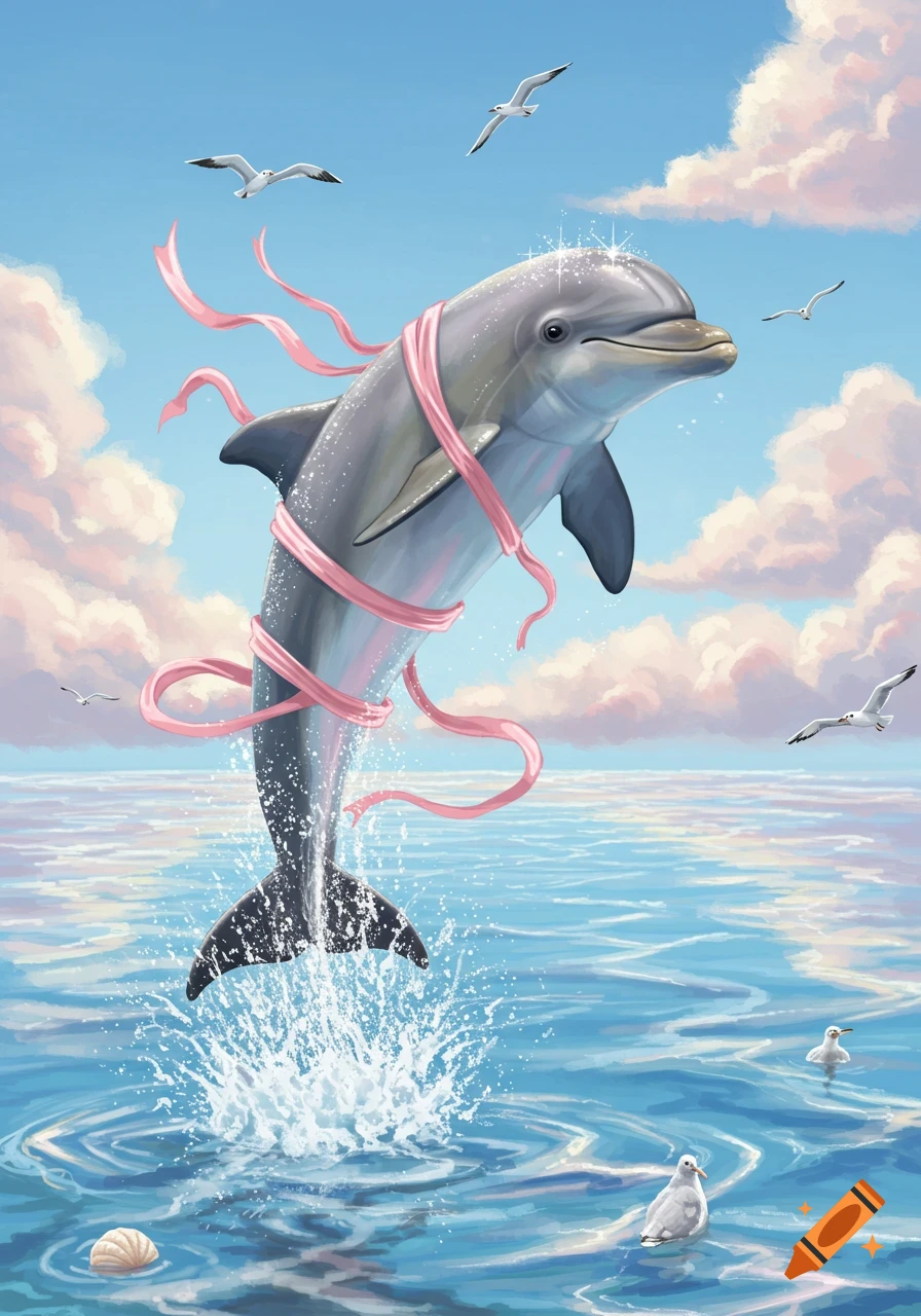Illustrated dolphin with pink ribbons leaping from blue ocean water under a cloudy sky with seagulls.