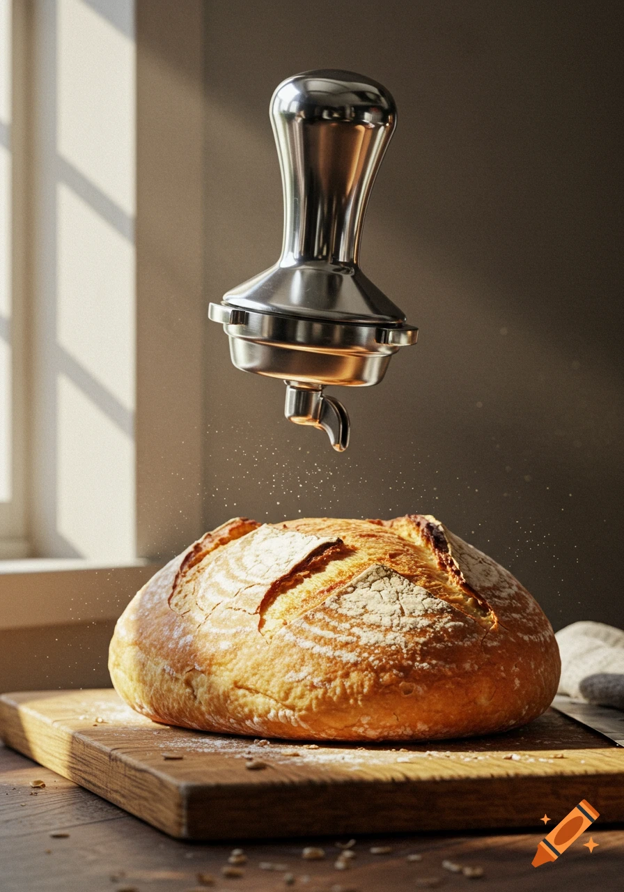 Photorealistic image of a chrome coffee tamper floating above a crusty loaf of bread on a wooden cutting board, sunlight streaming in.