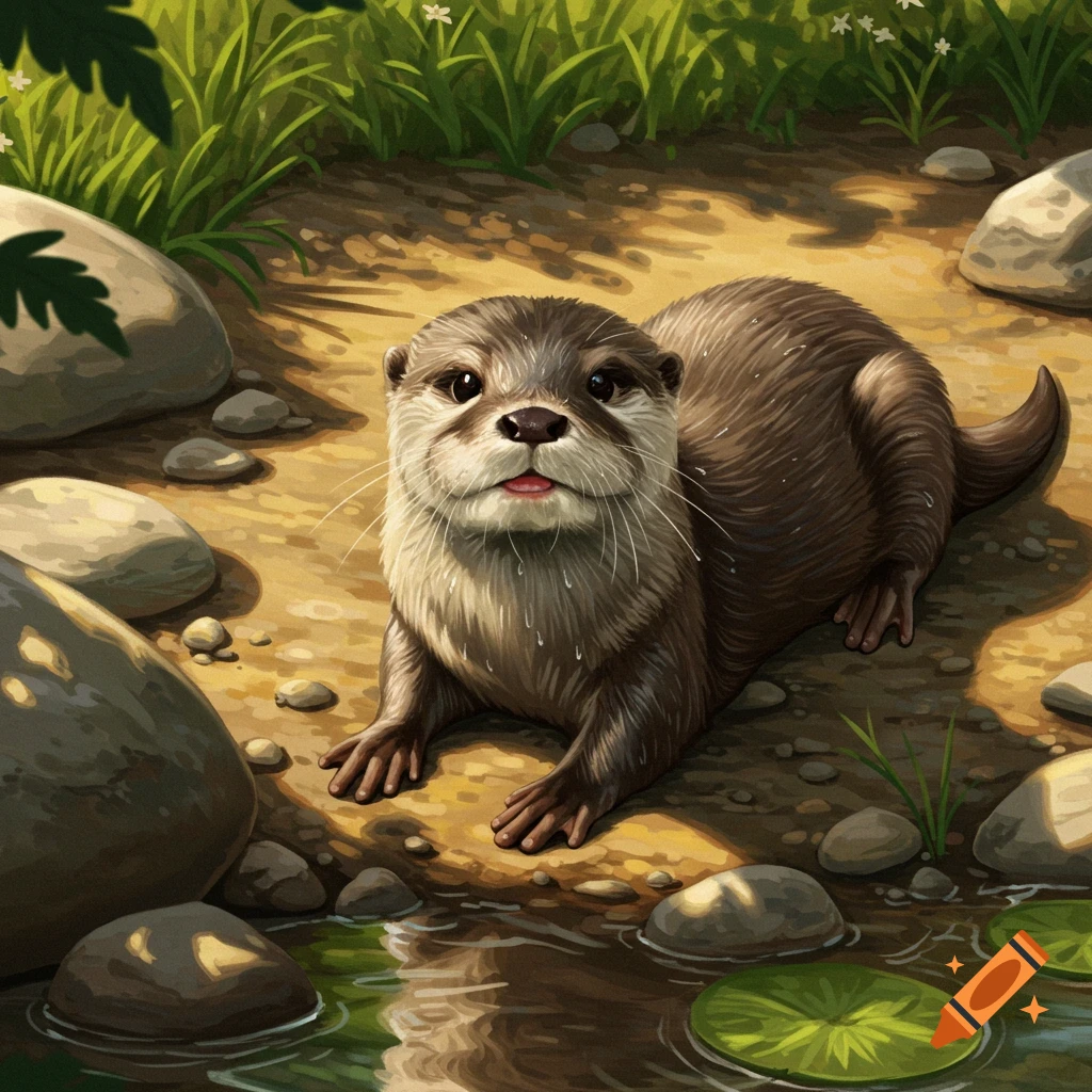 A cute brown otter with wet fur lies by a shallow stream with rocks and grass in an illustrative style.