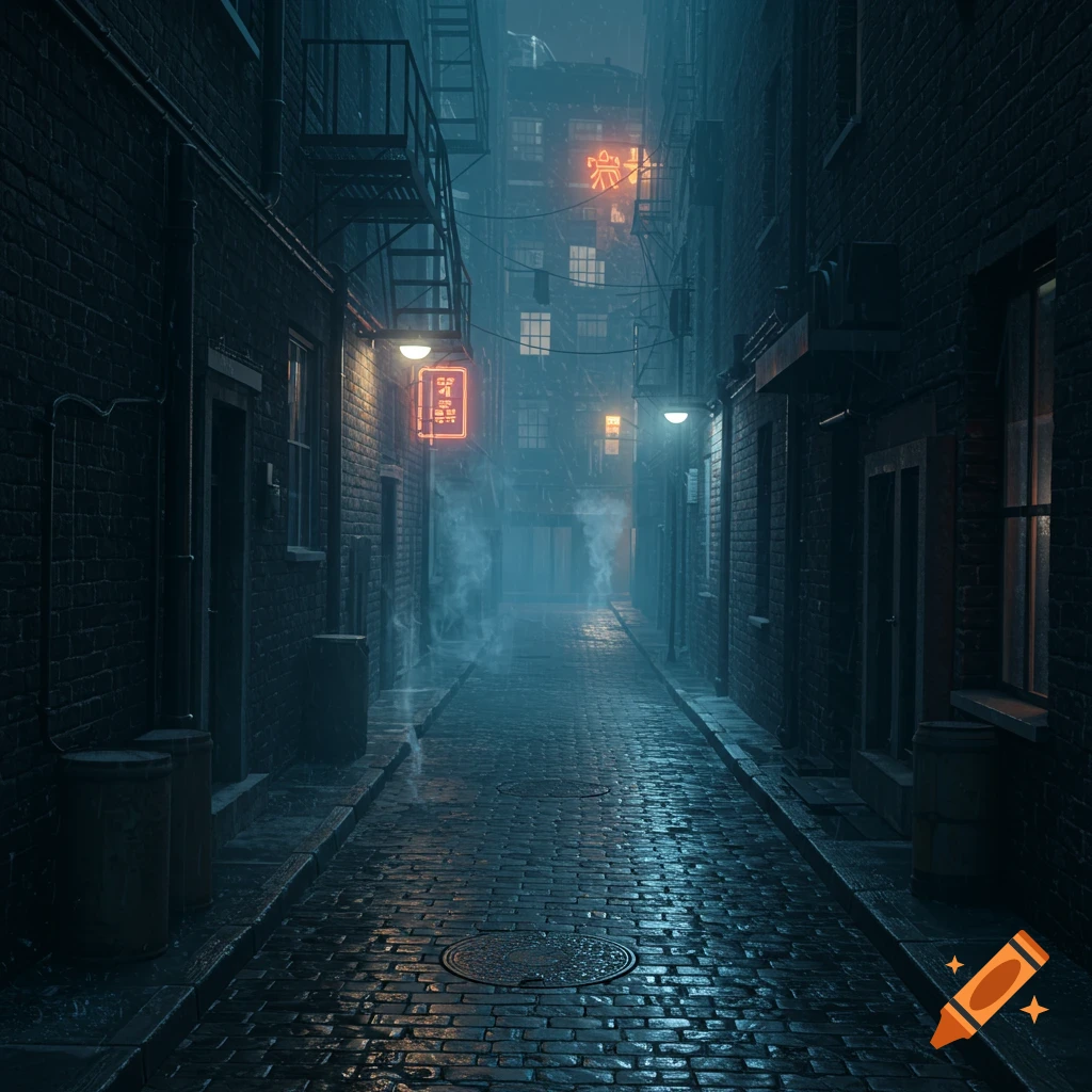 A dark, wet cobblestone alleyway at night, illuminated by neon signs and streetlights, with smoke rising from below.