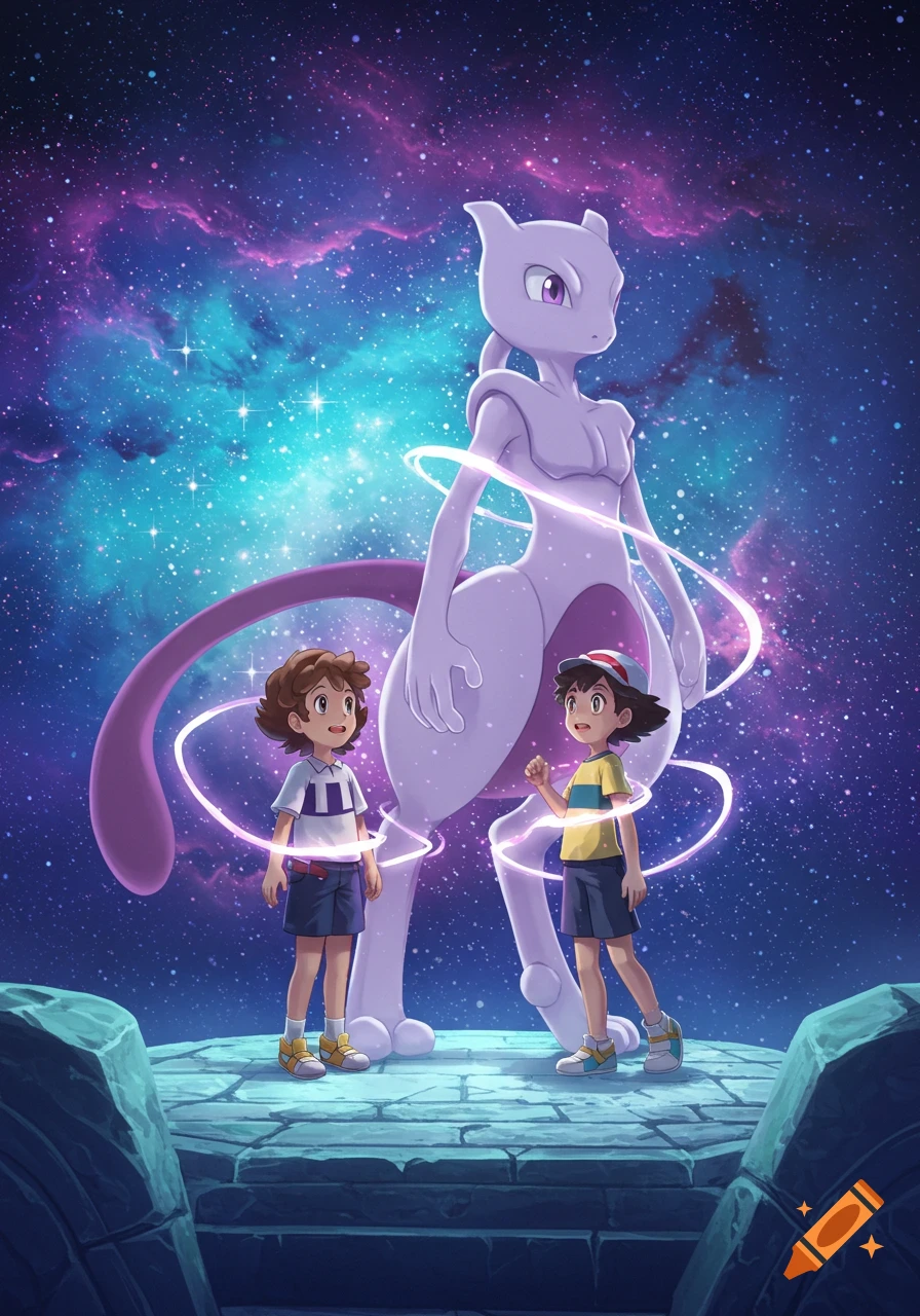 Mewtwo stands with two children on a stone platform, surrounded by glowing rings against a vibrant cosmic sky in an anime style.