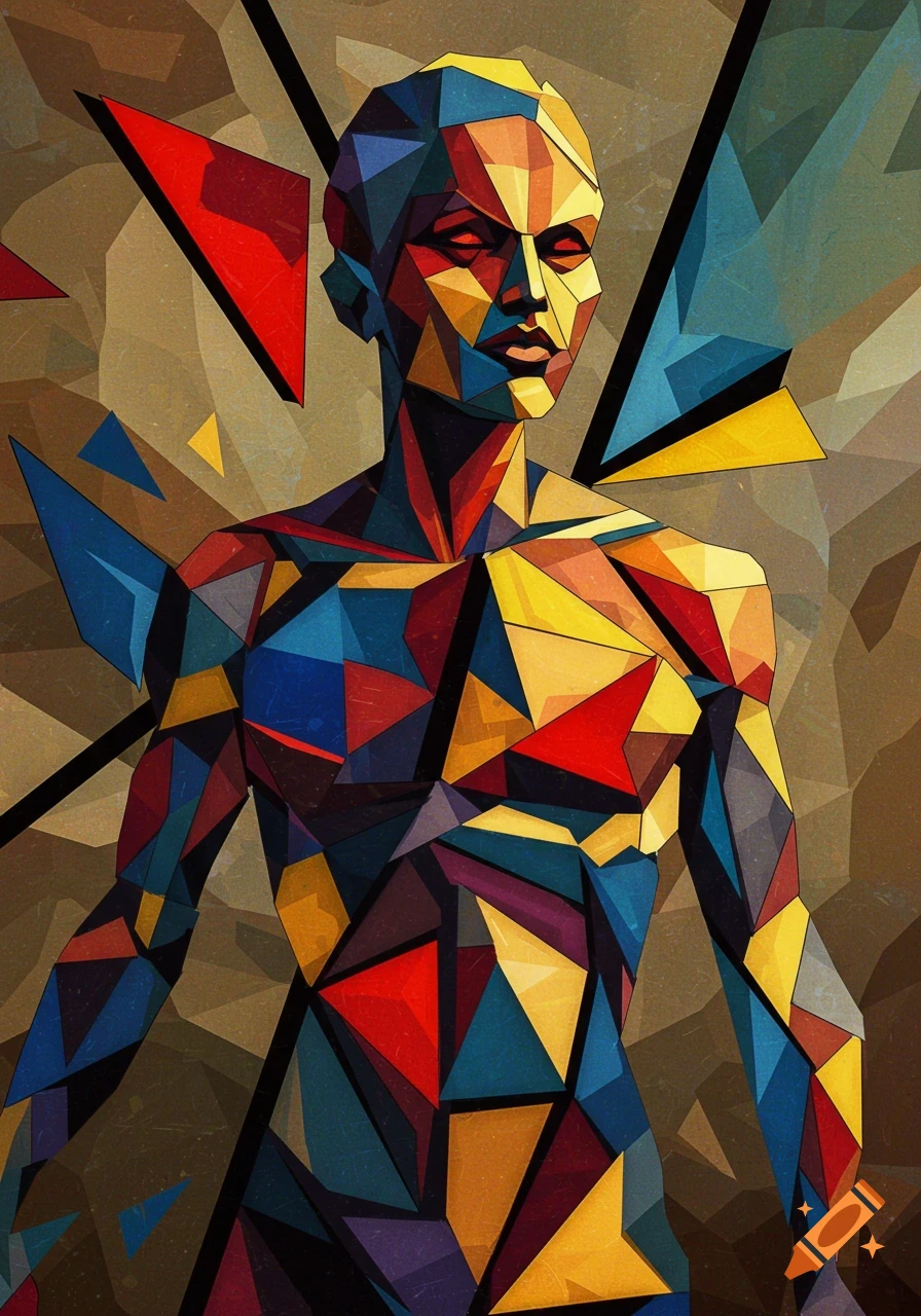 Abstract cubist art of a human figure made of fragmented, vibrant geometric shapes and bold lines.