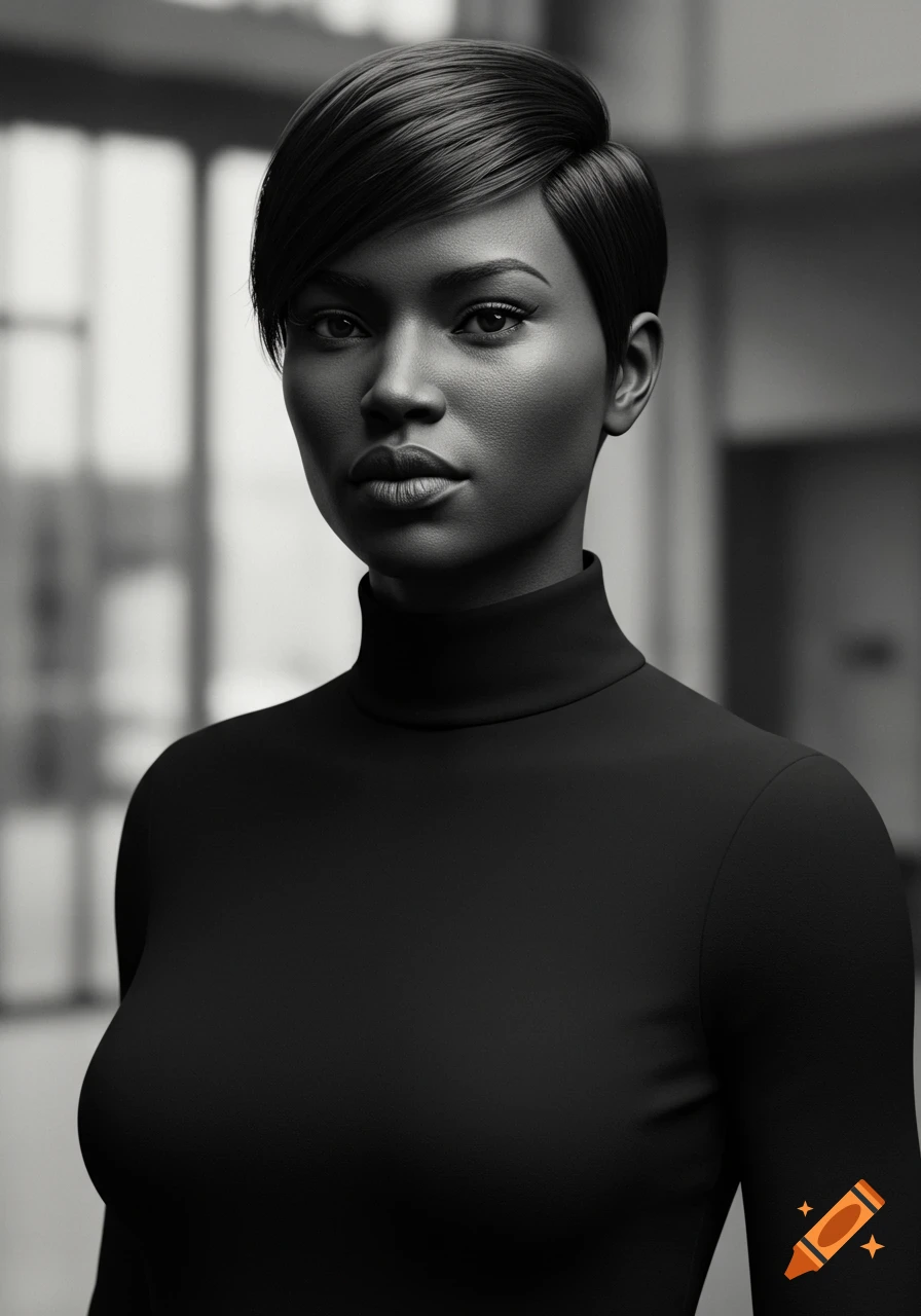 Black and white photorealistic portrait of a woman with short hair ...