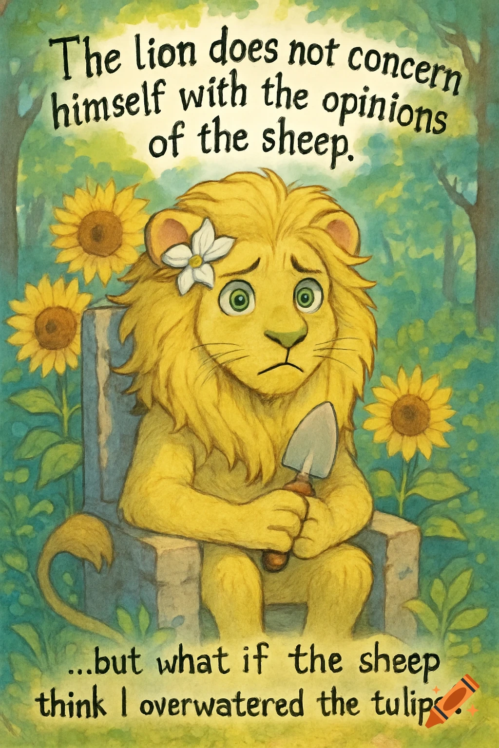 Anxious anime-style lion (Basil from OMORI) with a flower clip, sitting with a trowel in a sunflower forest, with meme text.