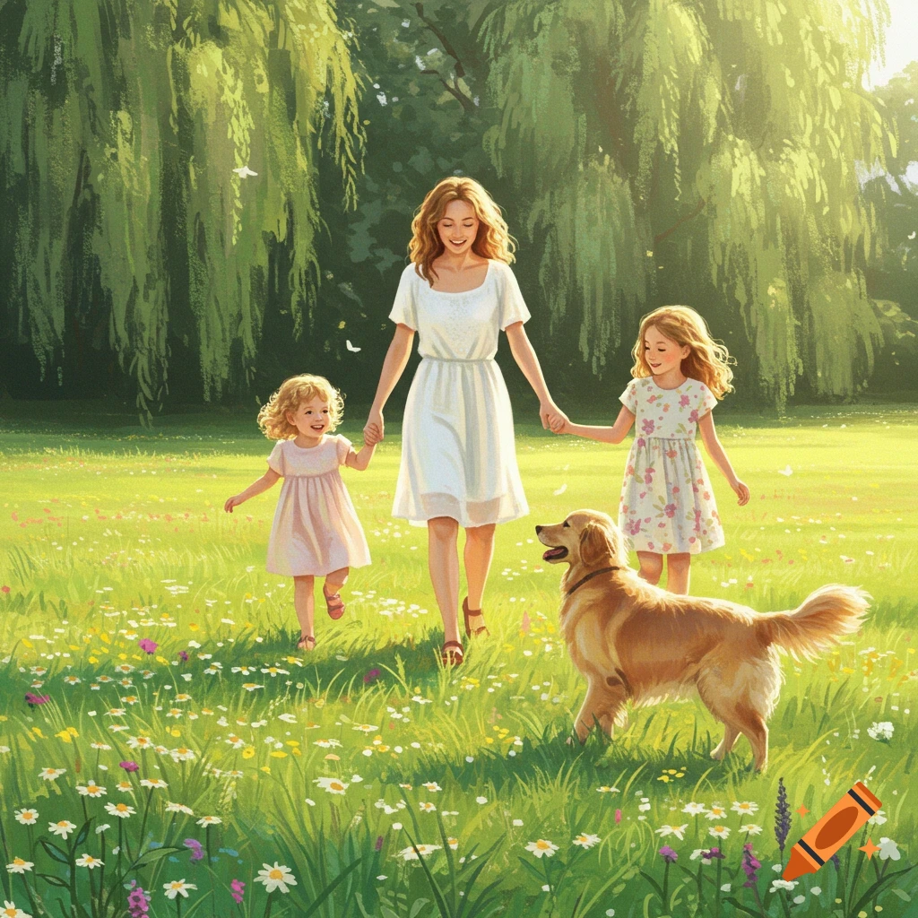 A mother and her two daughters holding hands and walking with a golden retriever through a sunny wildflower field, art style.