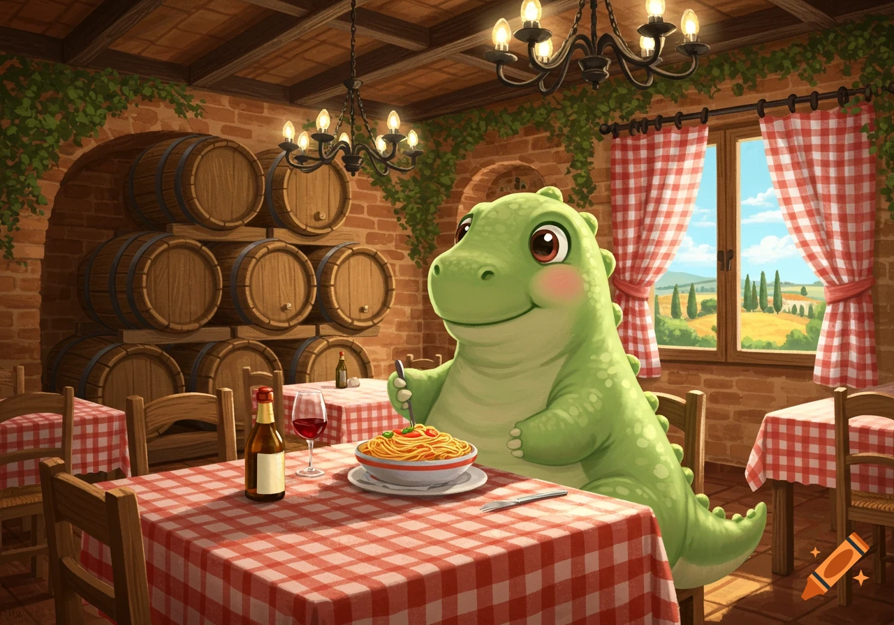 A cute green cartoon dinosaur eats spaghetti at a red-checkered table in a cozy Italian restaurant with wine barrels and a sunny window view.