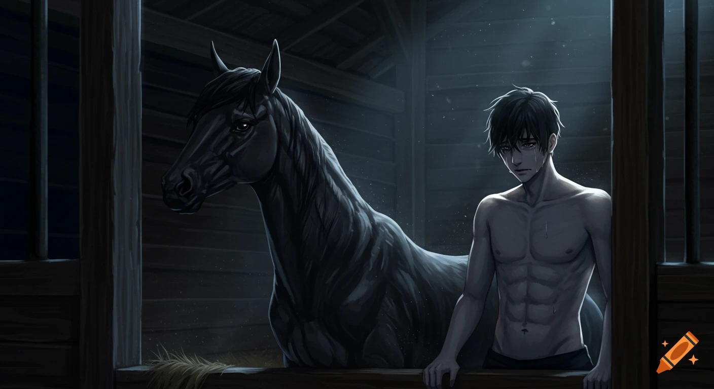 An anime-style image of a crying shirtless man and a dark horse in a dimly lit barn stall, seen through a wooden opening.