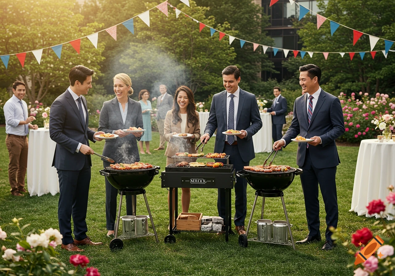 Diverse business professionals in suits smile while grilling food at an outdoor corporate barbecue event with festive bunting.