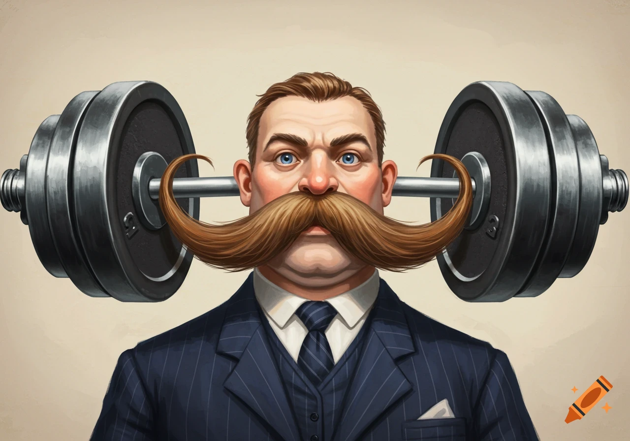 A stylized portrait of a man with a large, elaborate handlebar mustache formed from a barbell, looking intently.