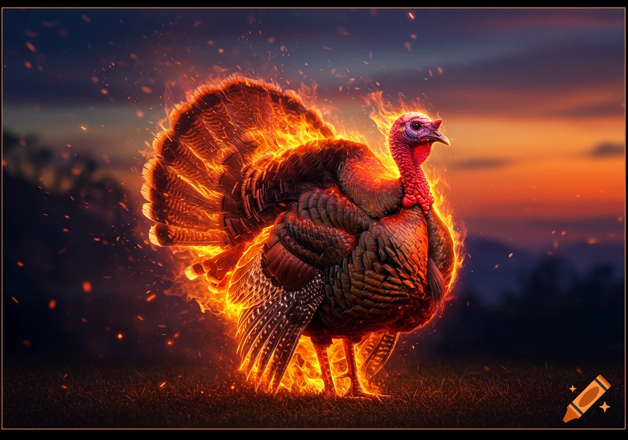 A majestic turkey stands engulfed in vibrant, stylized flames against a dramatic sunset sky.
