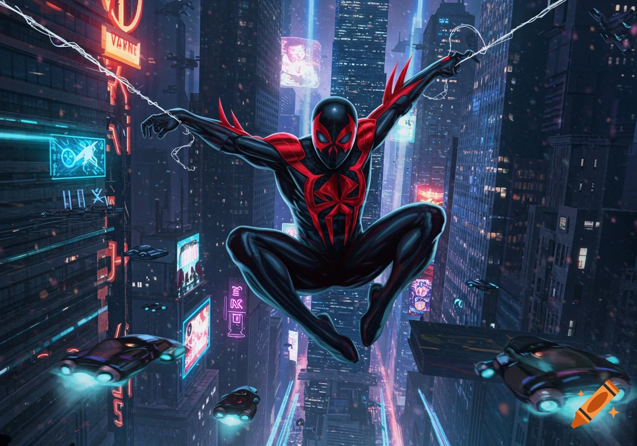 Spider-Man 2099, wearing a black and red suit, swings through a futuristic city at night, surrounded by neon lights and flying cars.