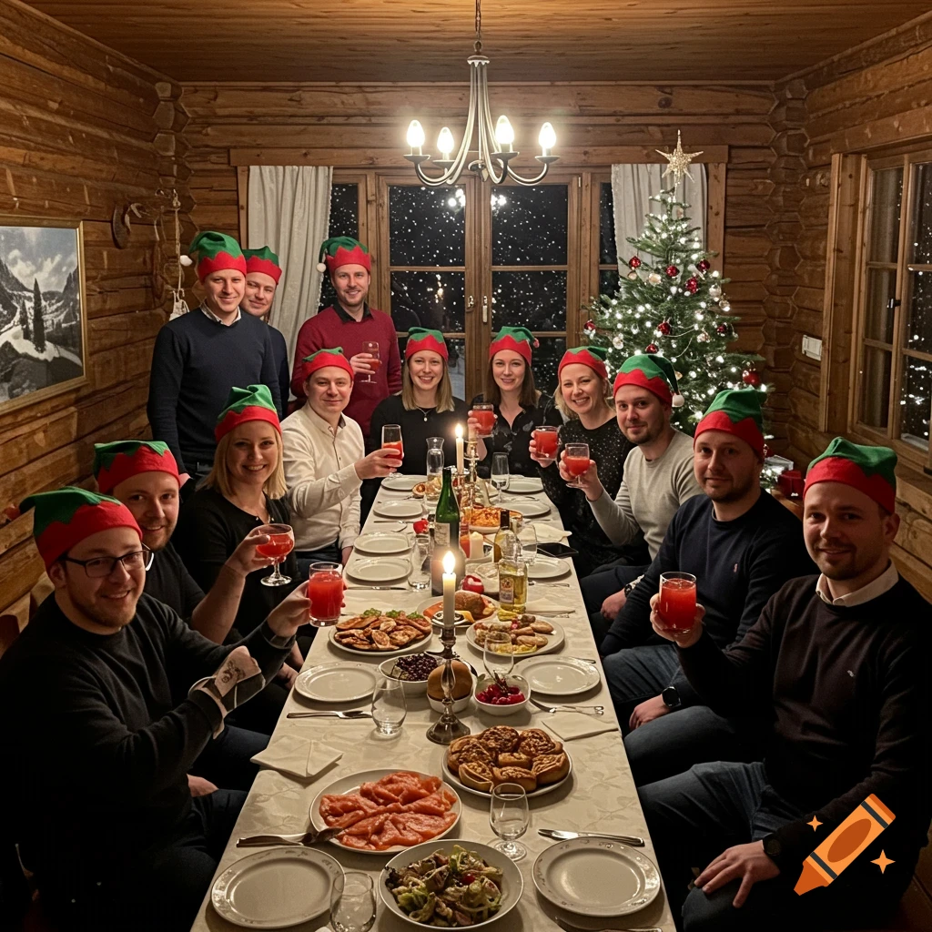 A group wearing elf hats toast with red drinks at a long table filled with food in a cozy log cabin during a Christmas celebration.