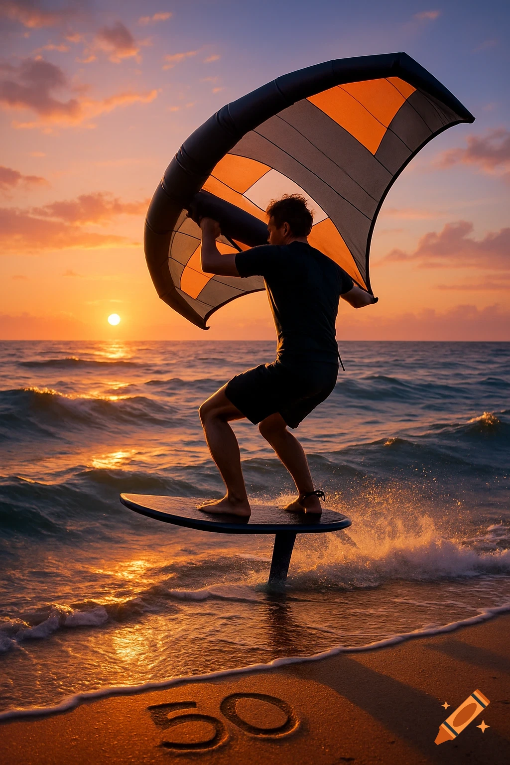 A man wing foiling on the ocean at sunset, with the number '50' written in the wet sand.
