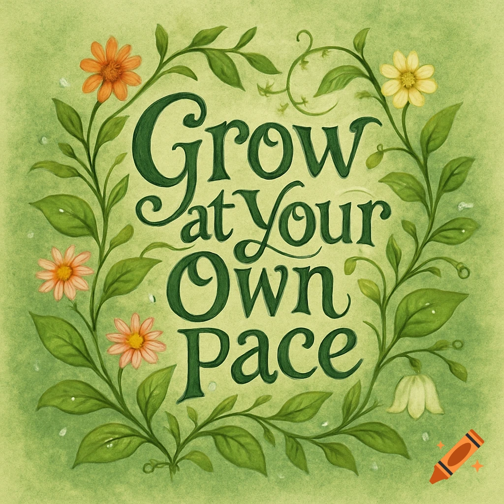 A green illustration with 'Grow at Your Own Pace' in ornate lettering, surrounded by a wreath of green leaves and colorful flowers.