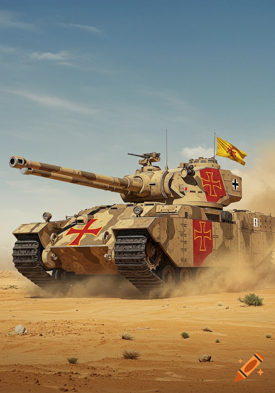 A massive Spanish super-heavy tank in desert camouflage with red Cross of Santiago motifs and a yellow flag, kicks up dust in a desert landscape under a blue sky.