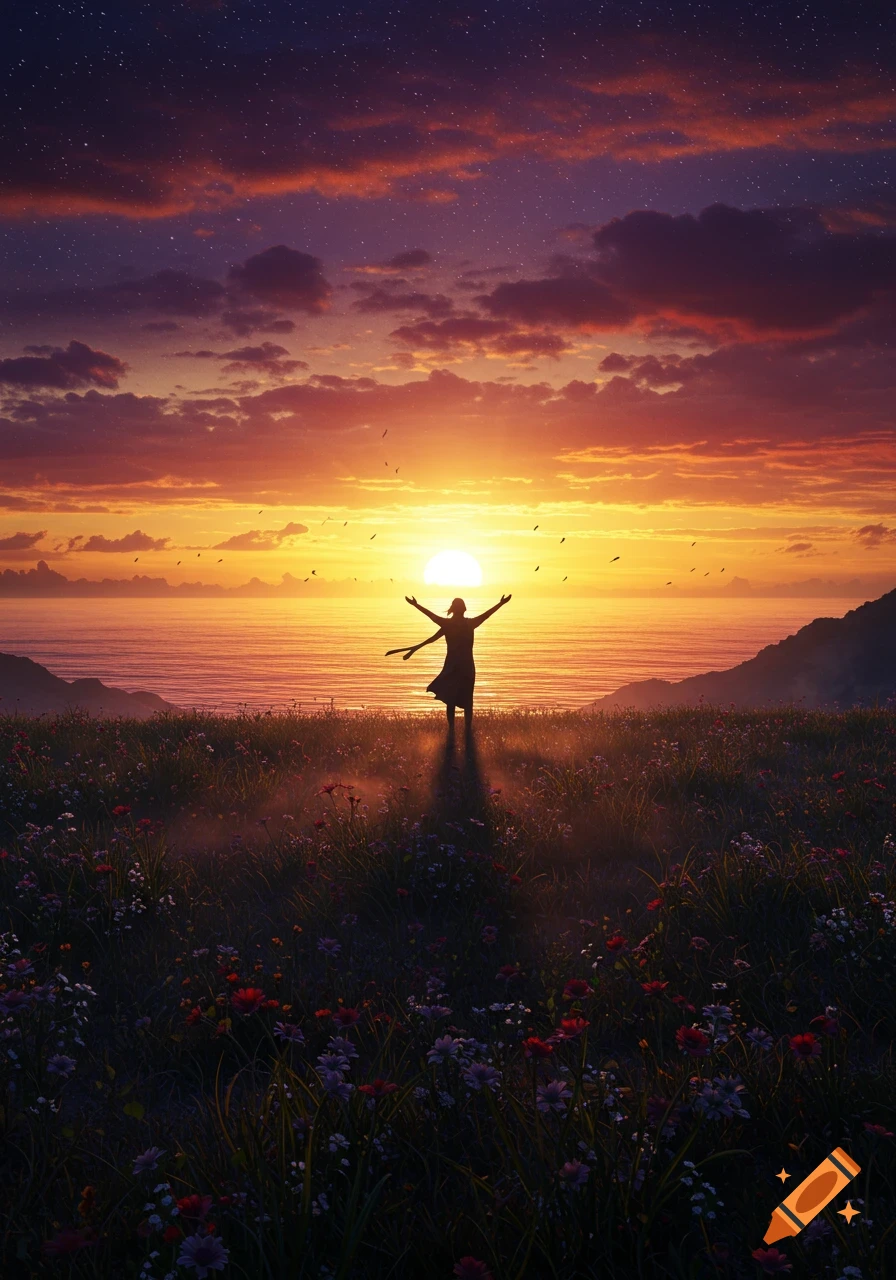 A silhouetted figure with arms raised stands in a field of flowers at a vibrant sunset over the ocean, with distant mountains and a starry sky.