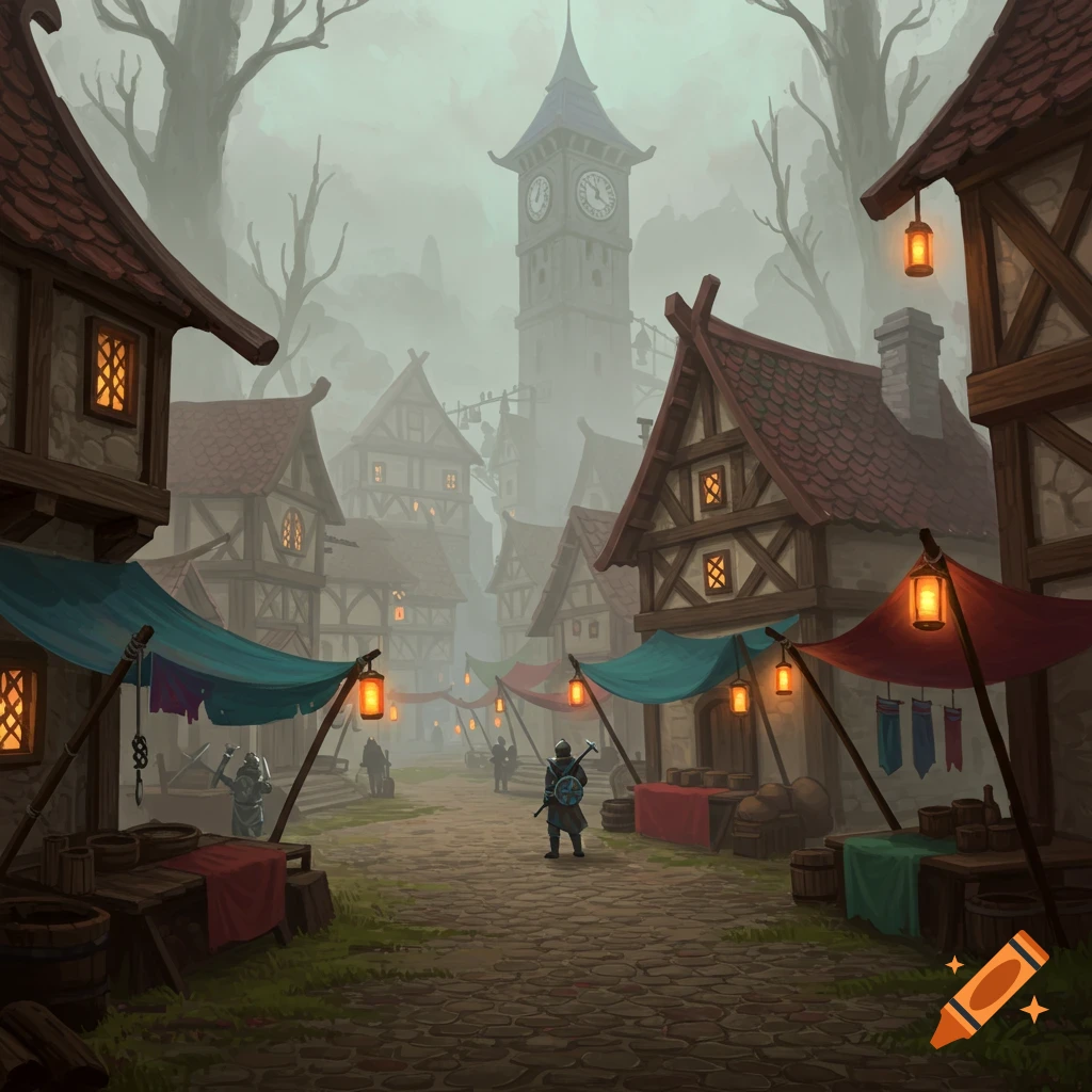 A foggy fantasy town with medieval-style wooden buildings, market stalls, a towering clock, and armored figures on a cobblestone street.