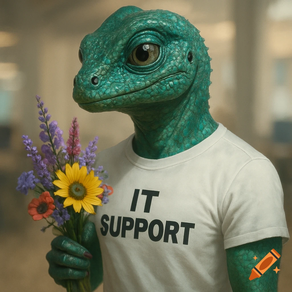 A photorealistic portrait of a green lizard person wearing an 'IT SUPPORT' t-shirt, holding a bouquet of colorful flowers.