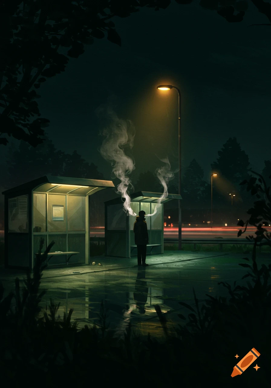 A lone figure stands between two illuminated bus stops at night, with smoke rising, reflections on wet ground, and car light trails, digital painting.