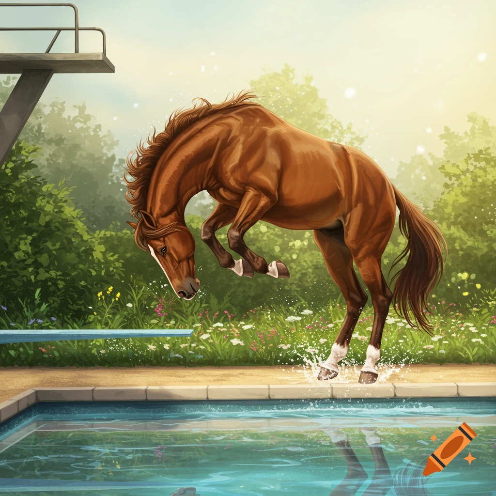 An illustrated brown horse leaps into a swimming pool from a diving board, splashing water.