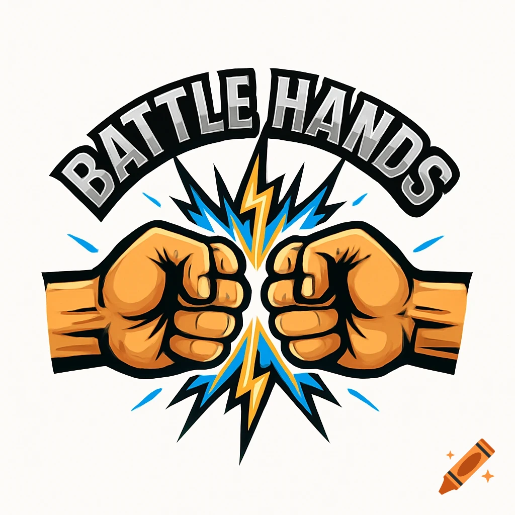 A cartoon logo with two orange fists colliding, surrounded by blue and yellow lightning bolts, with the text "BATTLE HANDS" arched above.