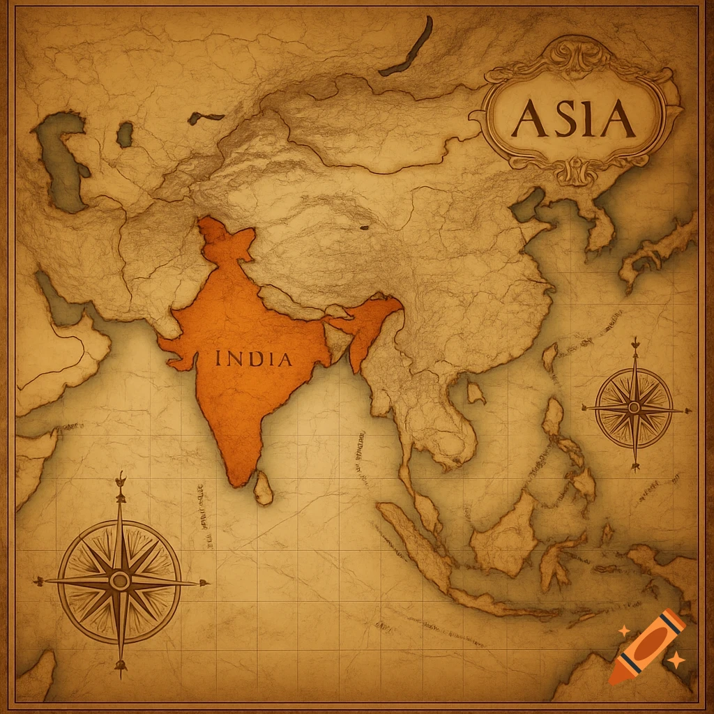 A vintage-style map of Asia with India highlighted in orange, showing terrain details and compass roses.