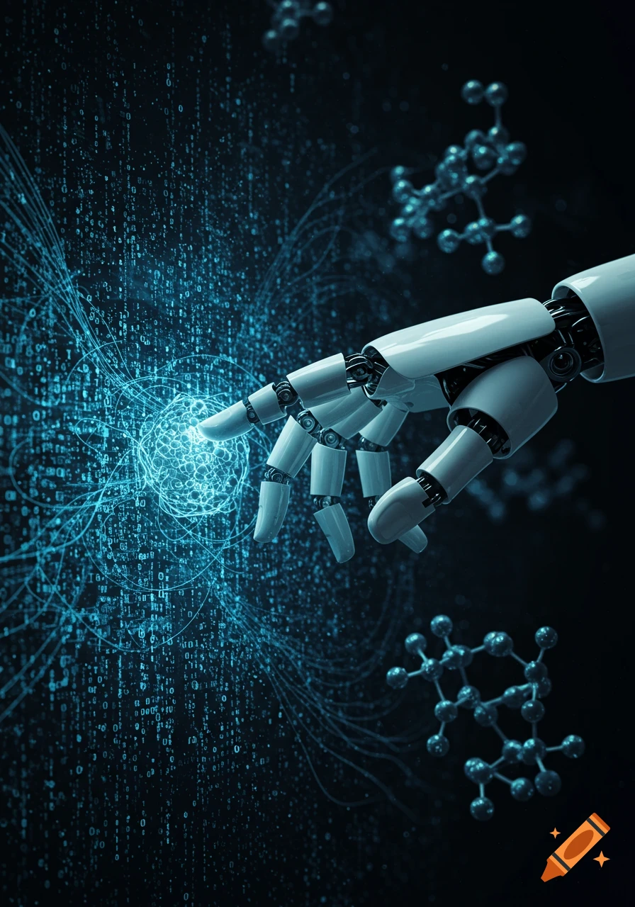A white robotic hand reaches towards a glowing sphere of intertwined blue light and binary code, with molecular structures floating in a dark, digital background.