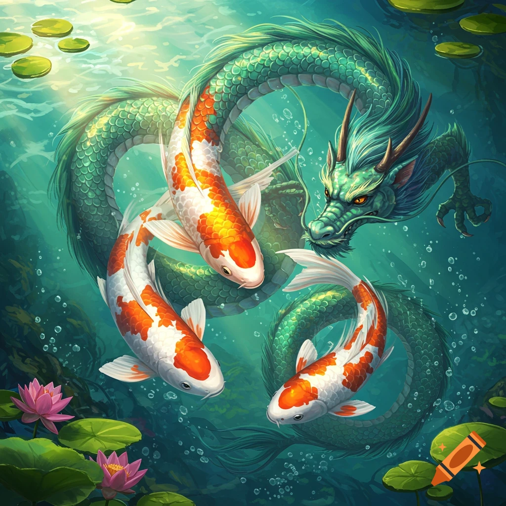 A vibrant green dragon and three orange and white koi fish swim gracefully under water, surrounded by lotus flowers and lily pads.