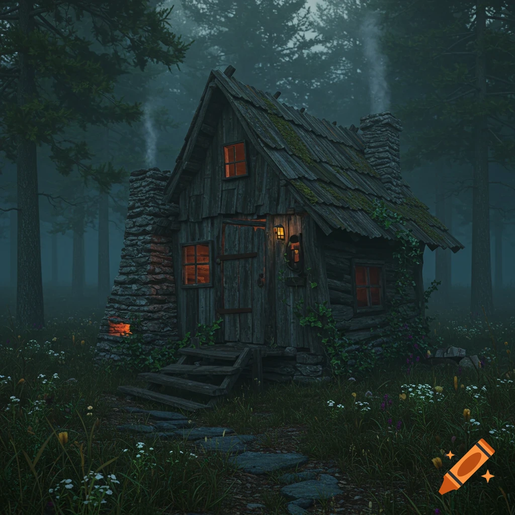 An illustration of a rustic, moss-covered wooden hut with glowing windows in a misty, dark forest.