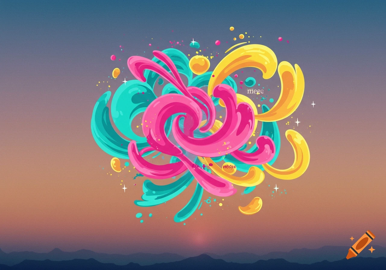 Vibrant abstract digital art featuring swirling pink, teal, and yellow shapes on a gradient blue and orange background.