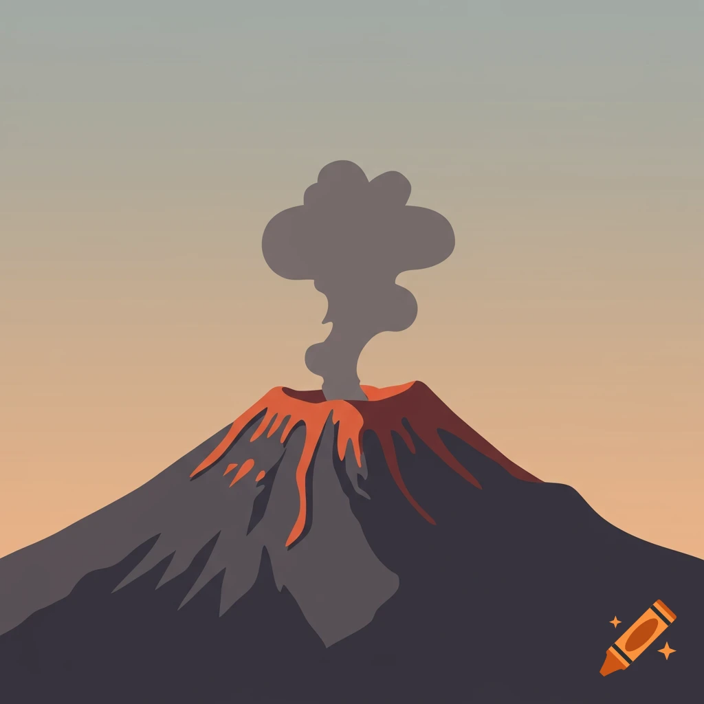 A simple cartoon illustration of an erupting volcano with orange lava flowing down its sides and grey smoke rising into a gradient sky.