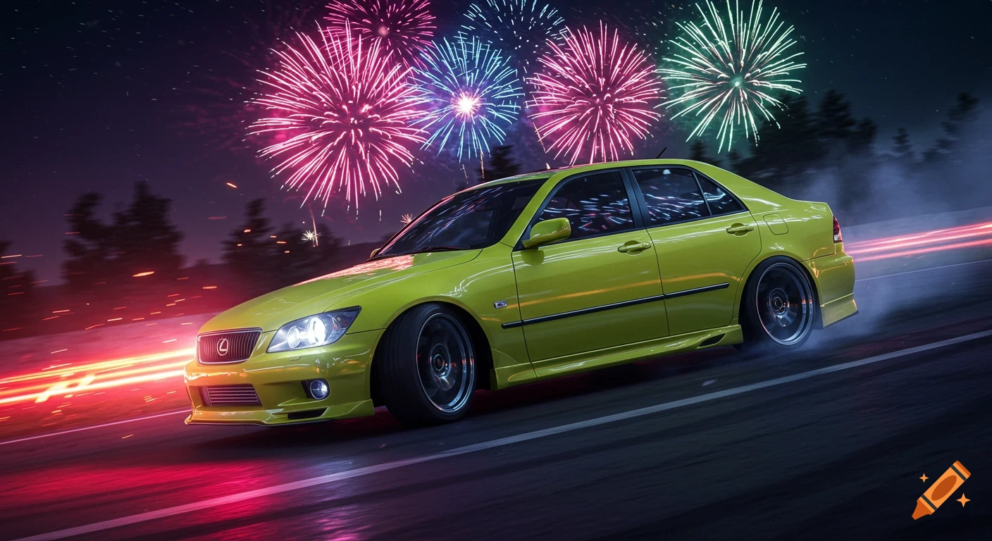 A yellow modified Lexus IS 200 drifts on a night road with colorful fireworks exploding in the background.