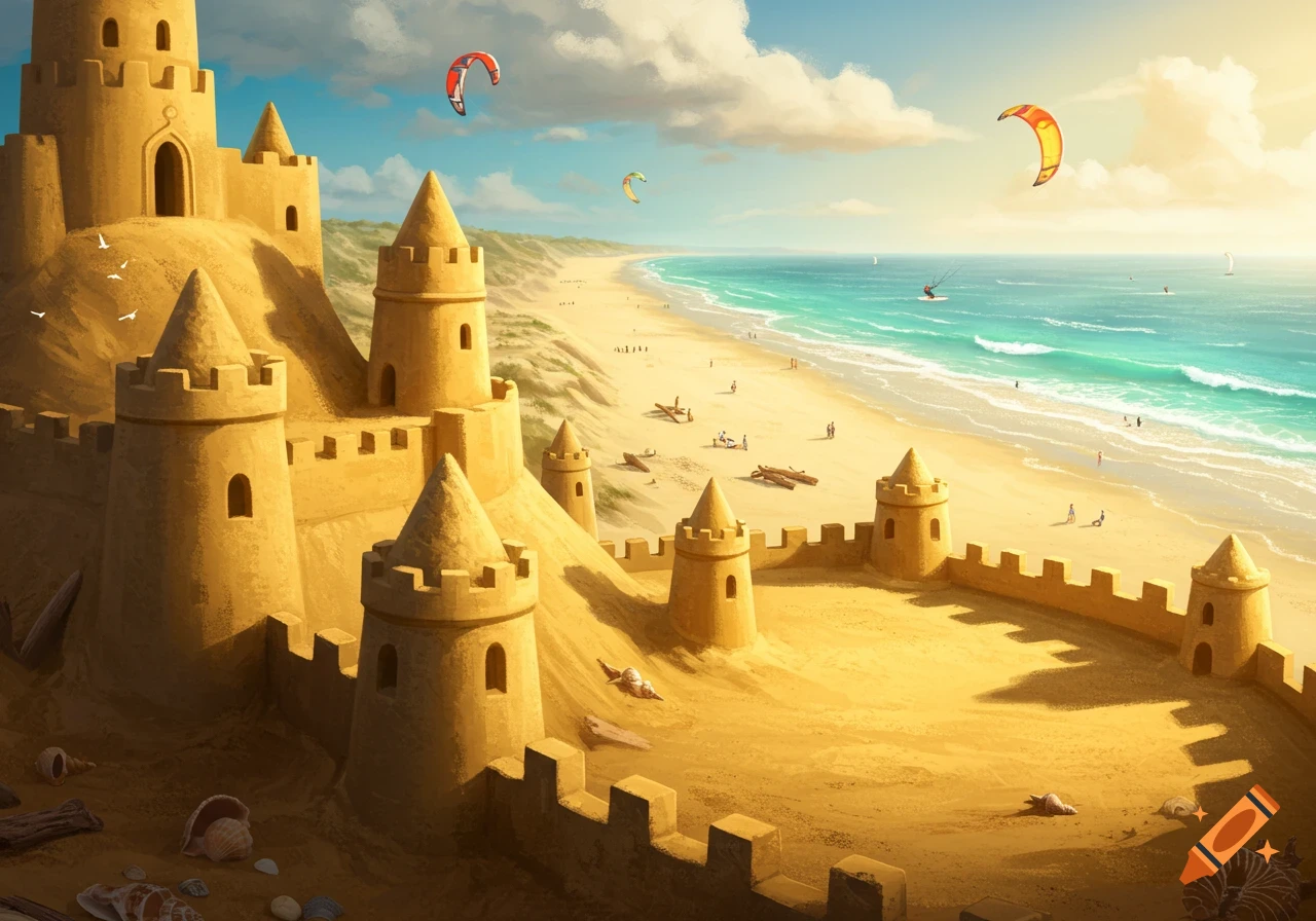 A huge sandcastle dominates a sunny beach with people, kitesurfers, and a turquoise ocean under a bright sky, in a stylized illustration.